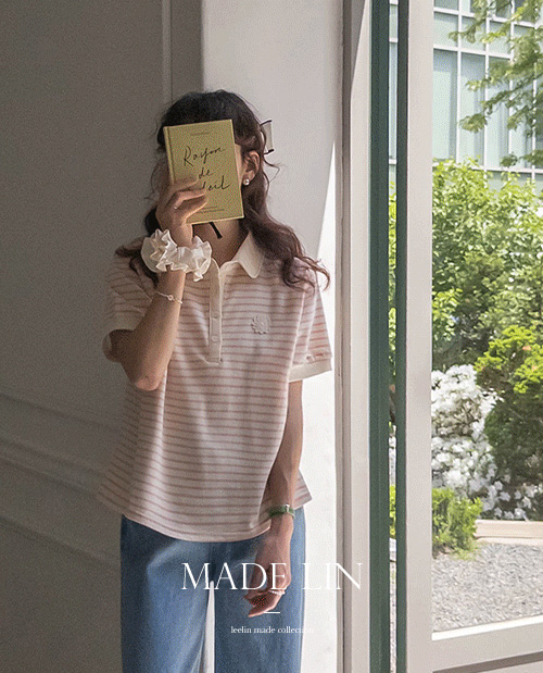 [New product special price 5,000 won discount] <FONT color=#5a3954>MADE LIN</font> Norton Stripe Flower Patch Kara Tee [size: F (55-66)]