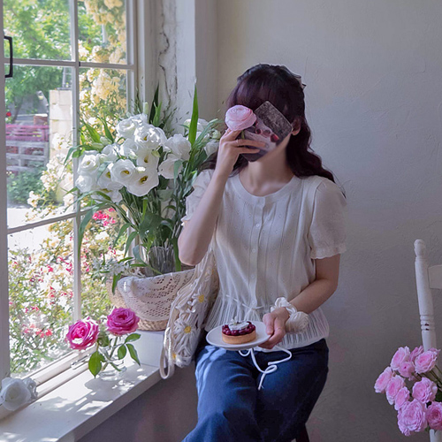 Smoothie Punching Linen Flower Embroidery Sleeve Lovely Knit [size:F(55~66)]
