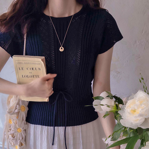 Anjulia Summer Punching Waist Strap Point Loose Fit Knit [size: F (55~66)] [Navy Pre-order Sequential Delivery After 6/13]