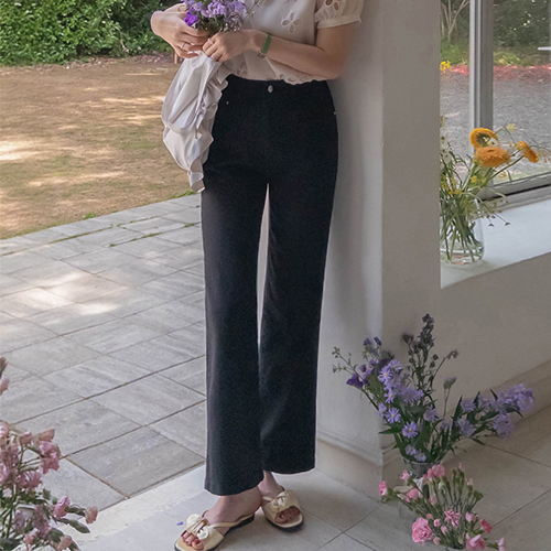 [Jjoonjjoonspan] Purin Jjoonjjoon Black Neat Straight Wide Pants [size:S,M,L]