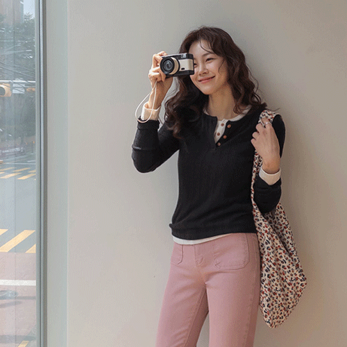 <FONT color=#5a3954>MADE LIN</font> Mayan Corrugated Button Half-Open T-shirt <FONT color=#d8a4a4>[Scratch Sale]</font>