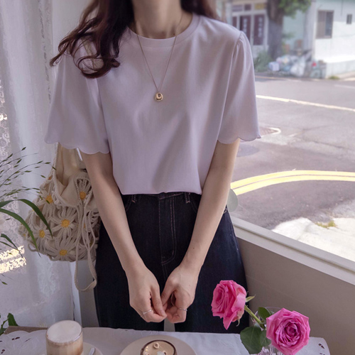 Lunch Summer Lovely Wave Embroidery Sleeve Stretchy Span Tee [size:F(55~66)]