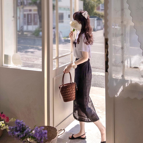 Ripley Punching Flower Embroidery Race Summer Band Skirt [size:F(55~66)]