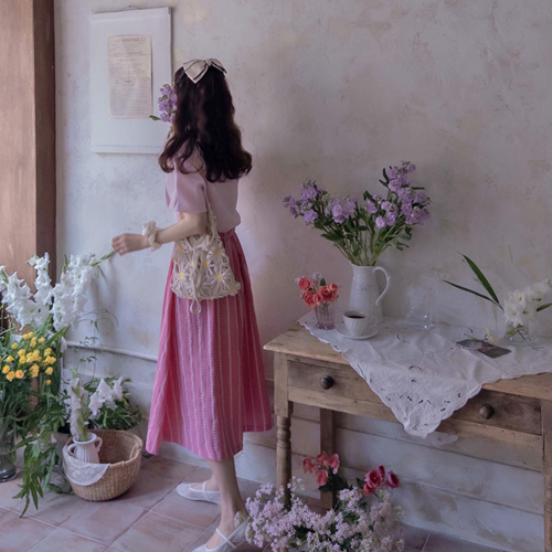 Shutomi Flower Summer Pleated Lovely Fit Band Skirt [size: F (55~66)]