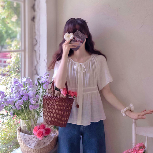 The Summer Ringkle & Ribbon Sky Sky Fit lovely Blouse [size:F(55~66)]