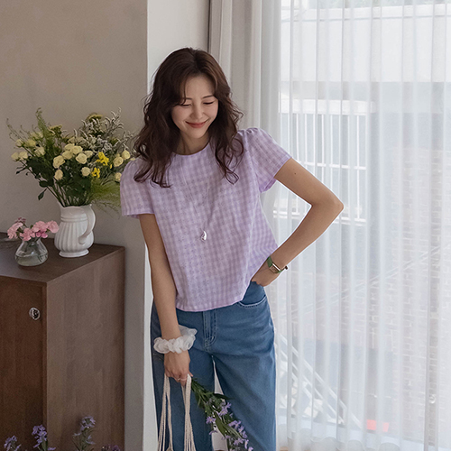[New product special price 6,000 won discount] <FONT color=#5a3954>MADE LIN</font> Ponz Check Flower Blouse [size: F (55~66)]