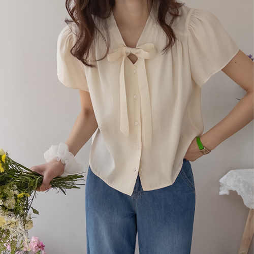 [LABEL] Purena Romantic Loose Fit Mood Ribbon Tie Blouse [size:F(55~66)]