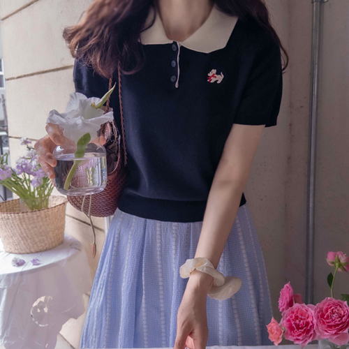 Anne Howard cute dog embroidery softness pan collar knit [size:F(55~66)] 