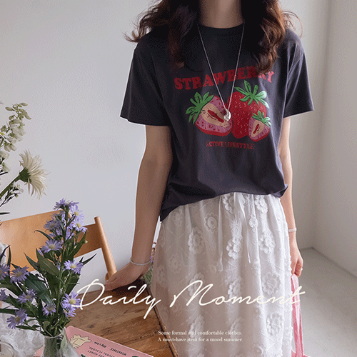 [Modal Contains][LABEL] Berry Berry Strawberry Print loose fit T-shirt [size:F,1]