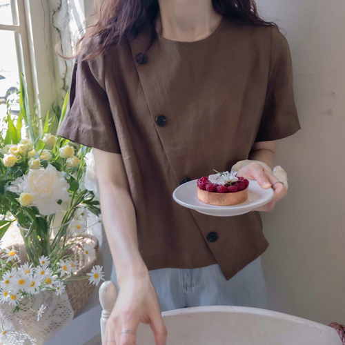 [LABEL] Pittsburgh Summer Button Diagonal Linen Sleeve Pintuck Blouse [size:F(55~66)]
