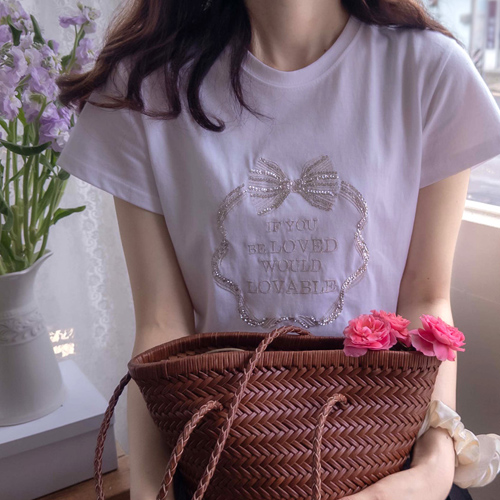 Summer Spangle Ribbon Point Lettering Embroidery Coordination Good Tee [size:F(55~66)]