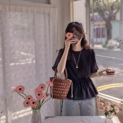 [LABEL] Summer Heidi Mini Flower Lace Lovely Sharing Waist Strap Adjustable Blouse [size: F (55~66)]