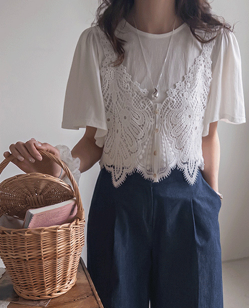 [LABEL] Lorena Shirring T-shirt Lace Bustier Set [size:F(55~66)]