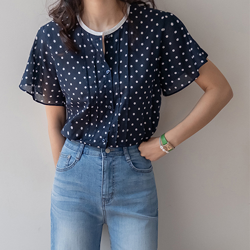 Labir color combination wing sleeve pin tuck dot blouse [size:F(55~66)]
