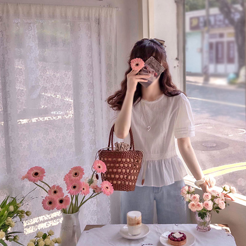 [LABEL] Carvel Flower Embroidery Mini Dress Neck Elegant Blouse [size:F(55~66)]