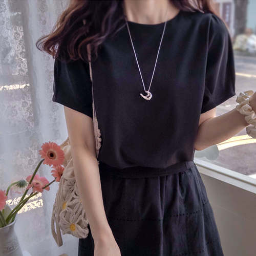 [LABEL] New Cranch Sleeve Point Waist Pin Tuck Stretchy Span Tee [size: F, 1]