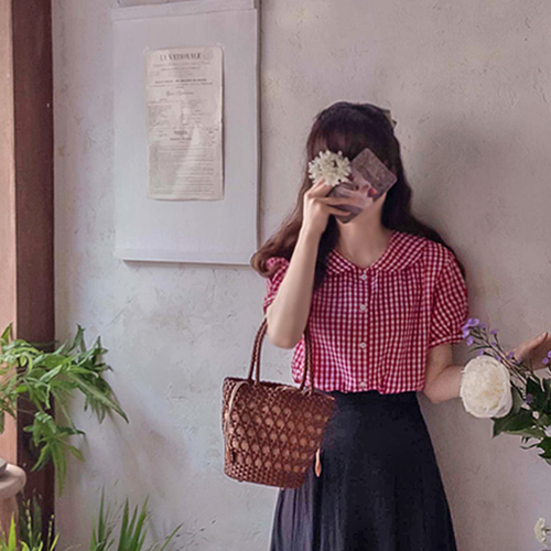 [LABEL] Ann Cameron Round Collar Summer Check Tulip Sleeve Blouse [size:F(55~66)]