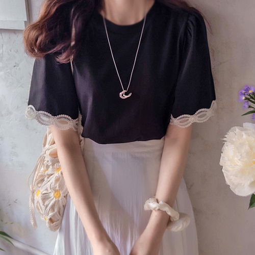 Summer Love You Flower Embroidery Lace Sleeve Lovely Tee [size:F(55~66)]