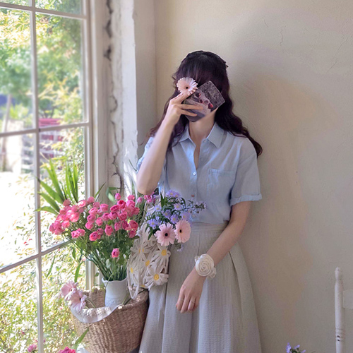 Rami Linen Catherine Summer Blouse roll-up sleeve loose fit Blouse [size:F(55~66)]