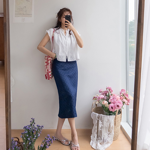 [New product special price 6,000 won discount] <FONT color=#5a3954>MADE LIN</font> Refu Linen Dot Skirt [size: S, M]