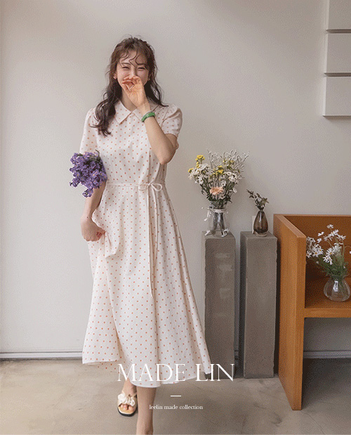 [New product special price 10,000 won discount] <FONT color=#5a3954>MADE LIN</font> Bianco Dot Wave Trimming Kara One Piece [size: F(55~66)]