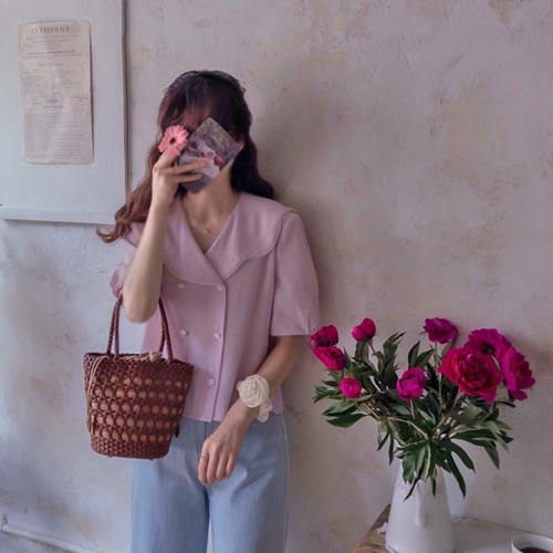 Gemma Lovely Wave Collar Double-button Blouse [size:F(55~66)]
