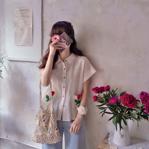 Jeanne Flower Pocket Point Summer Slim Fit Roll-up Sleeve Blouse [size:F(55~66)]