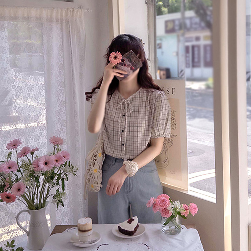 [The Bigger♥ 13% Sale][LABEL] Gemma Check & Ribbon Cool Seersucker Puff Blouse[size:F(55~66)]