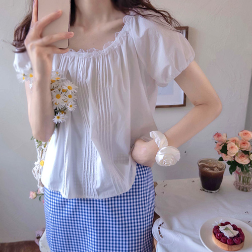 Schroyben wavy lace neck summer pin tuck elegant blouse [size:F(55~66)]