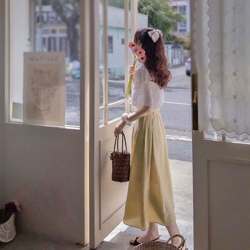 [LABEL] Bernieden Sugar Pleated Sky Fit Summer Band Skirt [size: F (55~66)]