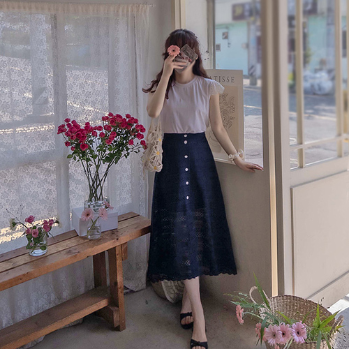 [LABEL] Shuanp Flower Race Button Point Band Skirt [size:F(55~66)]