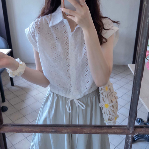 Highzen Flower Punching Waist String Crop Bolero Blouse [size:F(55~66)]