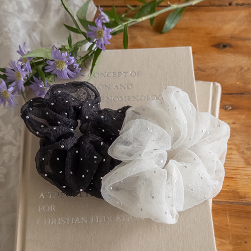 See-through look silver dot hair scrunchie band