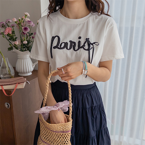 [LABEL] Rainy Spangle Lettering Ribbon T-shirt [size:F,1]