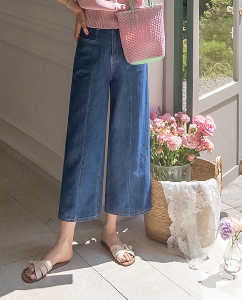 Julie vertical cut pocket point Linen denim pants [size:S,M,L]