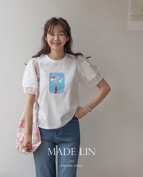 [New product special price 4,000 won discount] <FONT color=#5a3954>MADE LIN</font> Enrico Flower Puff Short-sleeve Tee [size: F (55~66)]