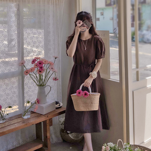 [Best Special Price 7,000 Won Discount] <FONT color=#5a3954>MADE LIN</font> Swan Linen Cut Puff One Piece [size: F (55~66)]