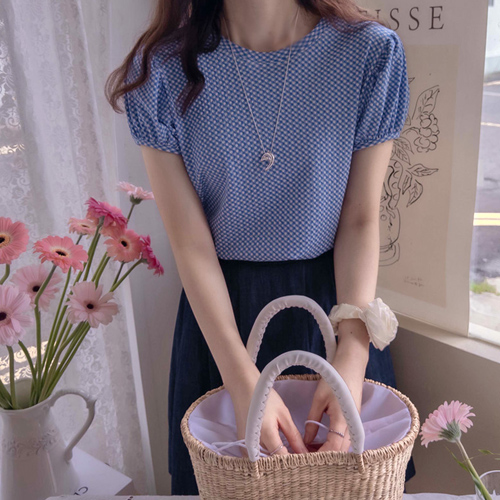 [New product special price 3,000 won discount] <FONT color=#5a3954>MADE LIN</font> Madni spandex full Check Short-sleeve Tee [size: F (44~55), L (66~77)]