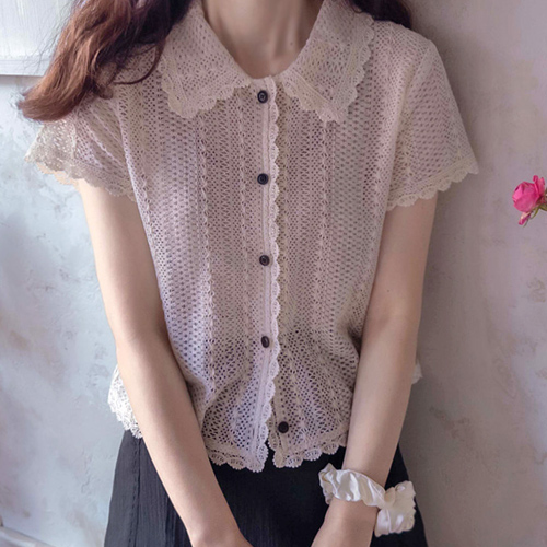 [New product special price 9,000 won discount] <FONT color=#5a3954>MADE LIN</font> Comenco Crochet Race Short-sleeve Blouse [size: F (55~66)]