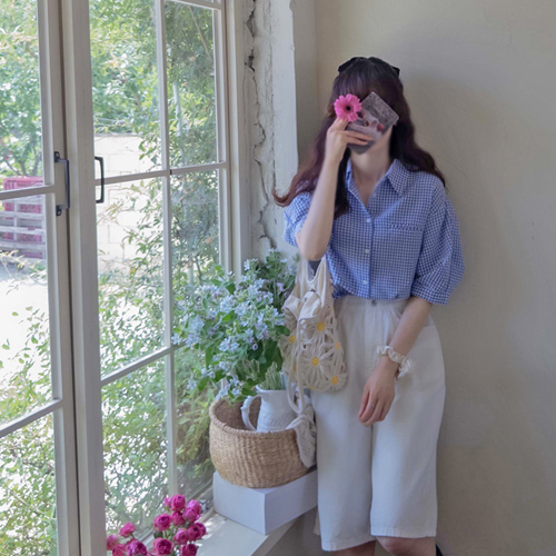 [New product special price 5,000 won discount] <FONT color=#5a3954>MADE LIN</font> lead high-neck Check Blouse [size: F (55~66)]