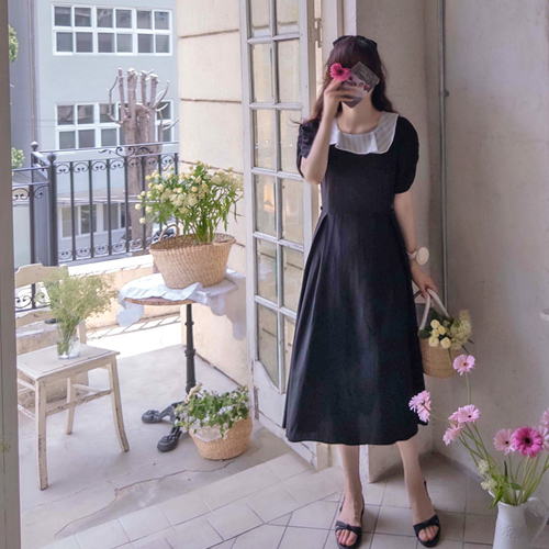 Cadia Frill Collar Linen One Piece [size: S (44~55), M (66)]