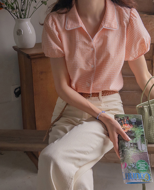[Wrinkle-free][LABEL] Pomi Gobang Check Puff Blouse [size:F,1]
