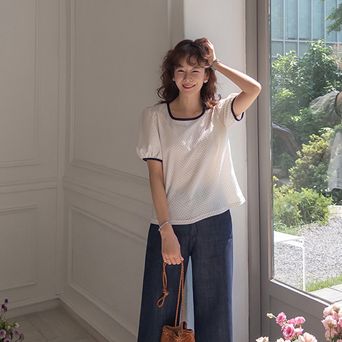[3,000-unit breakthrough!][LABEL] Delicate ring dot elastic tee [size:F,1]