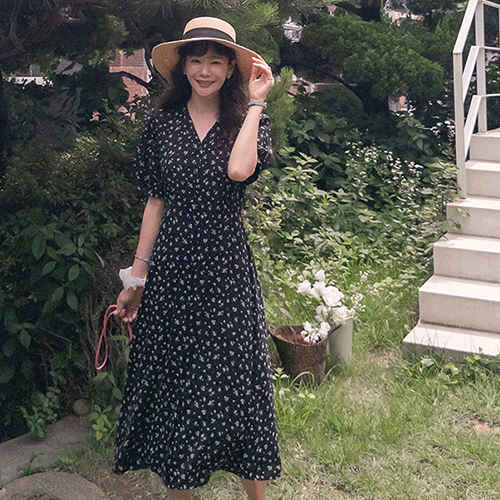 [LABEL] Media Flower Pattern Puff Slim Fit Chiffon One Piece [size:F(55~66)]