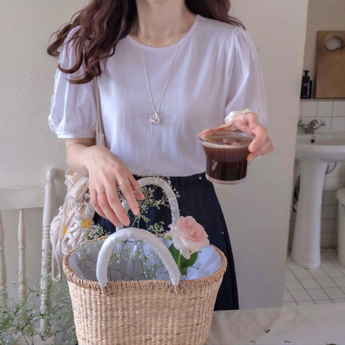 Summer Verna wave punching flower embroidery sleeve point lovely Tee [size: F (55~66)]