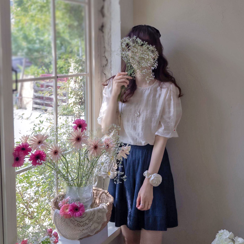 Summer Loving You Sleeve Flower Key Point Light and Cool Tencel Blouse [size:F(55~66)]