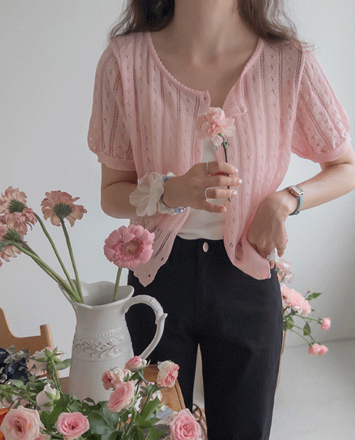 Collet Flower Punching Linen Short Sleeve Knit Cardigan [size:F(55~66)]