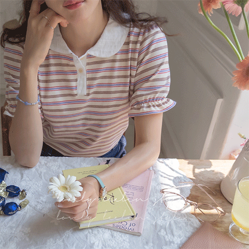 [LABEL] Color Macaron Round Collar Puff Sleeve Banding Stripe T-shirt [size:F,1]