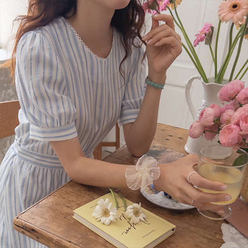 [Light and Cool!][Recommended for Vacation Look♥] Diab Neck Lace Ribbon Stripe One Piece [size:F(55~66)]