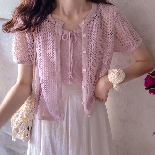 [Knit set][LABEL] Franzby Summer Mesh Lovely Heart Button Set Knit [size:F(55~66)]